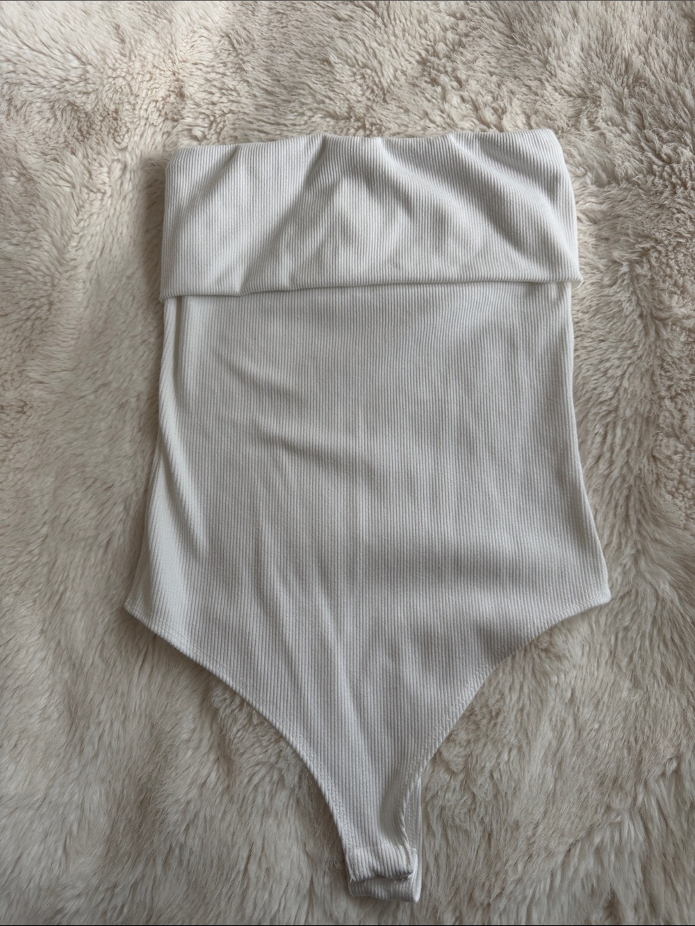 White Ribbed Strapless Fold-Over Bodysuit